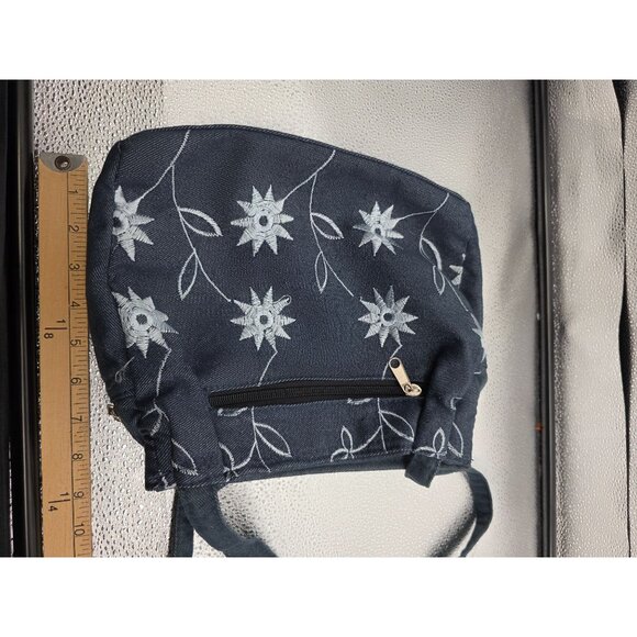 Floral Embroidered Denim Handbag With Zipper Closure & Matching Wallet Set - Picture 12 of 16